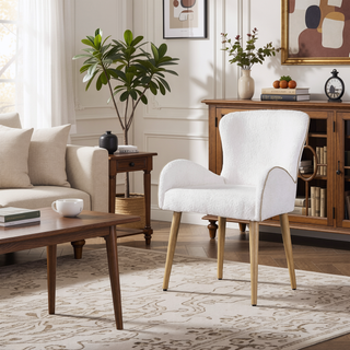 Sunvega Beige Boucle Upholstered Side Chair with Oak Finish and Metal Legs