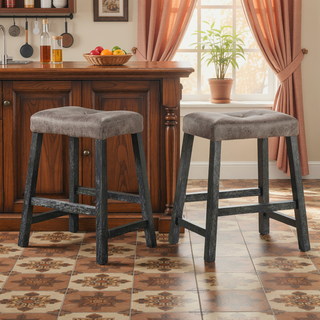 Sunvega Distressed Wooden Farmhouse Barstools with Faux Leather Seat, Counter-Height