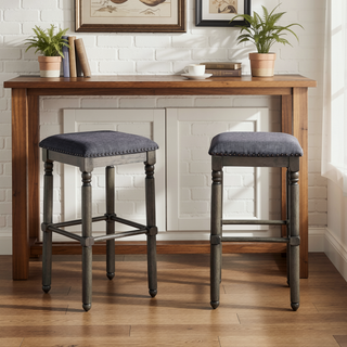 Sunvega Set of 2 Grey Washed Wood Bar Stools with Upholstered Seat and Nailhead Trim