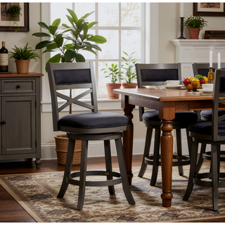 Sunvega 24 Inch Counter Height X-Back Swivel Stool with Beige Fabric Seat and Cherry Finish
