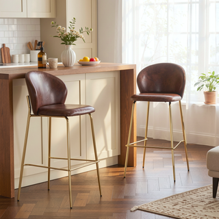 Sunvega Dark Brown Faux Leather Upholstered Bar Stool with Gilded Metal Frame Set of 2