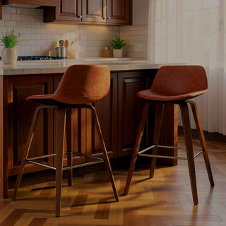 Sunvega Mid Century Modern Bentwood Stool with Vegan Faux Leather Seat and Back
