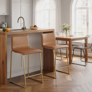 Sunvega Gold Metal and Camel Faux Leather Contemporary Counter Stool Set of 2