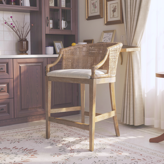 Sunvega Handcrafted Natural Rattan Counter Stool with Soft Linen Upholstery and Solid Wood Legs