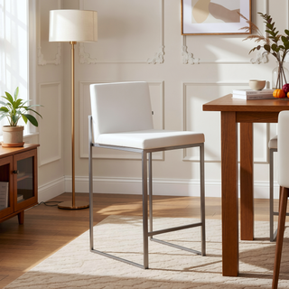 Sunvega Fuji High Back Counter Stool Set of 3 in White Velvet and Stainless Steel