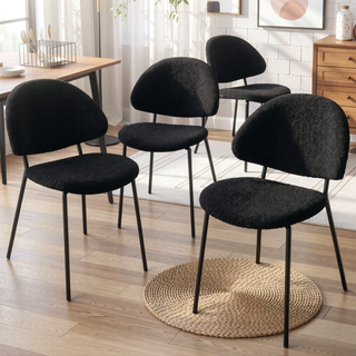 Sunvega Upholstered Boucle Fabric Dining Chairs with Curved Backrest and Black Metal Legs