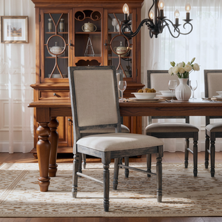 Sunvega Weathered Gray Finish Wooden Frame Cream Linen Upholstered Dining Side Chairs