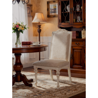 Sunvega Antique White Upholstered Seat Side Chair with Intricate Wood Inlay Detail