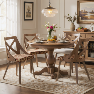 Sunvega Farmhouse Dining Chair with White Washed Wood and Cream Noise Fabric - Set of 2