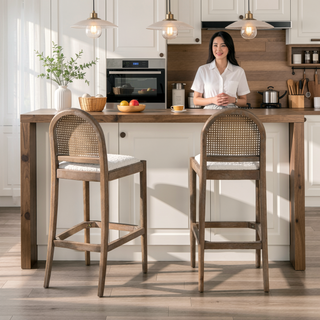 Sunvega Natural Oak and Cane Rattan Counter Stools with Black Boucle Upholstery