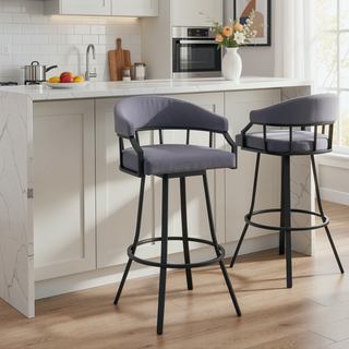 Sunvega Swivel Slate Gray Faux Leather and Black Metal Bar Stool with Footrest