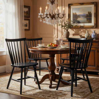 Sunvega Black Wood Dining Side Chair with Contoured Seat and Spindle Back