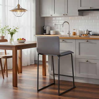 Sunvega Contemporary Counter Stool with Black Metal Base and Grey Faux Leather Upholstery