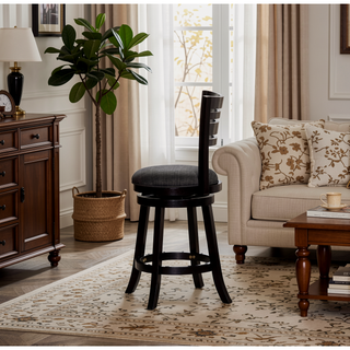 Sunvega Cherry Finish Beige Fabric Slat Back Swivel Stool for Counter Height