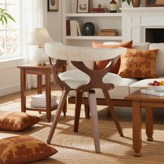 Sunvega Mid-Century Modern Swivel Dining Chair with Cream Fabric and Walnut Legs