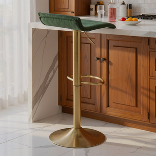 Sunvega Adjustable Height Barstool with Swivel in Gold Brushed Metal and Green Velvet