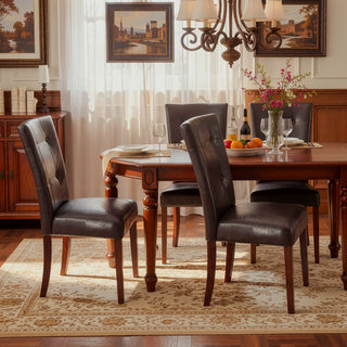 Sunvega Espresso Faux Leather and Walnut Finish Tufted Back Dining Chairs