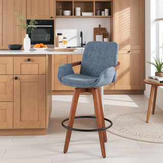 Sunvega Mid-Century Modern Cosmo Counter Stool with Blue Noise Fabric and Walnut