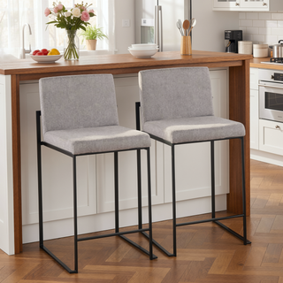Sunvega Contemporary High Back Counter Stool with Padded Seat and Backrest in Black Steel and Grey Fabric - Set of 2