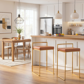 Sunvega Gold Metal Frame Counter Stools with Camel Faux Leather Cushions Set of 3