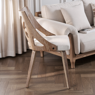 Sunvega Farmhouse Dining Chair with White Washed Wood and Cream Noise Fabric - Set of 2