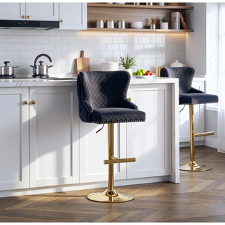Sunvega Velvet Bar Chair Stool with Diamond Lattice Back and Golden Lion Head Pull Ring
