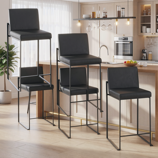 Sunvega Fuji High Back Counter Stool Set of 3 in Black Steel and Faux Leather