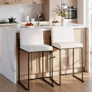Sunvega Fuji Contemporary High Back Counter Stool in Black Steel and White Velvet