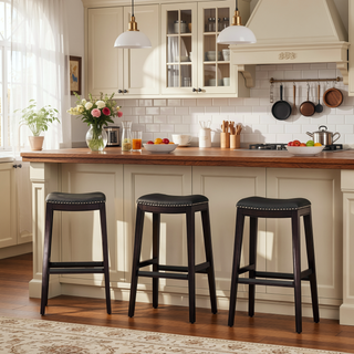 Sunvega Natural Finish Saddle Leather Seat Counter Stool with Footrest and Nail Head Trim