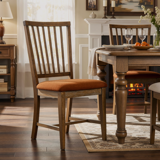 Sunvega Weathered Oak Slat Back Side Chairs with Tan Linen Upholstered Seat Cushions