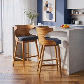 Sunvega Mid-Century Upholstered Rubberwood Bar Stools Set of Two