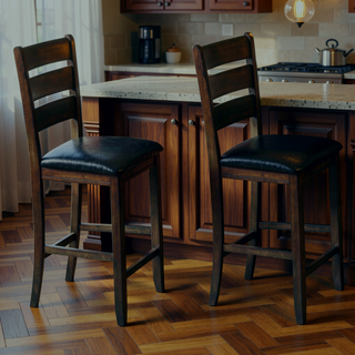 Sunvega Espresso Finish and Black Faux Leather Counter Height Chairs with Ladder Back