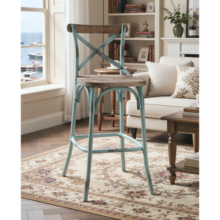 Sunvega Antique Oak Finish Armless Bar Chair with High Backrest and Splayed Metal Legs