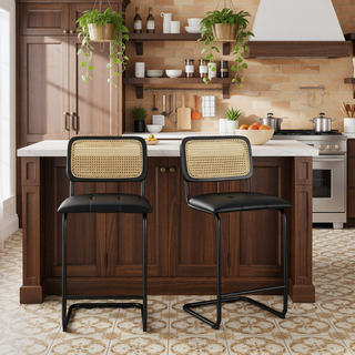 Sunvega Counter Height PU Leather Bar Stools with Rattan Back and Cantilever Design