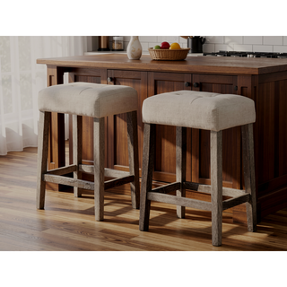 Sunvega Transitional Wood Counter Stool Set of 2 with Upholstered Linen Fabric Cushion