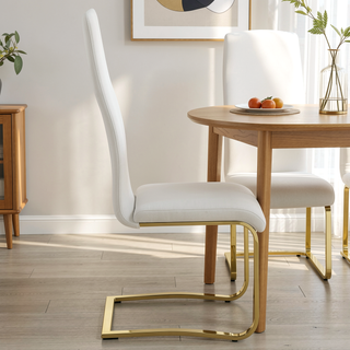 Sunvega White and Gold Upholstered Dining Side Chair with Softly Padded High Back