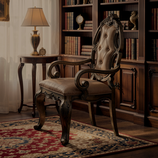 Sunvega Vintage Oak Tufted Arm Chair with Padded Seat and Scrolled Crown Molding