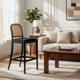 Sunvega Natural Oak and Cane Rattan Counter Stools with Black Boucle Upholstery