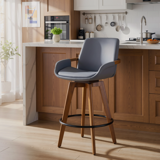 Sunvega Mid-Century Modern Walnut Finish Counter Stool with Faux Leather Seat