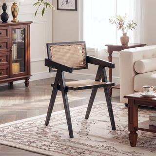 Sunvega Modern Natural Cane Armchair with Square Backrest for Dining Room