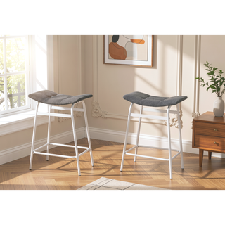 Sunvega Modern Kitchen Counter Height Barstools Set Of 2 Grey Fabric White Metal