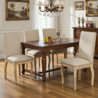 Sunvega Set of 4 Natural Wood Wash Upholstered Fabric Dining Chairs with Nailhead Trim