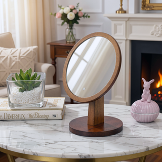 Sunvega 9.5 Inch Tall Walnut Finish Polyresin and Wood Pedestal Makeup Mirror