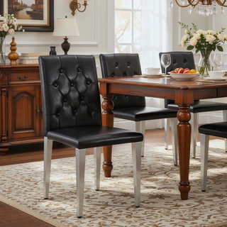 Sunvega 4-Pack Black PU Dining Chairs with Ergonomic Buckle Backrest and Silver Legs