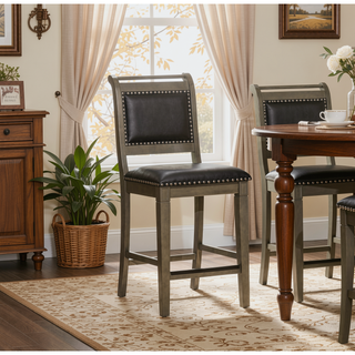 Sunvega Antique White Finish Black Leather Seat Farmhouse Counter Stool