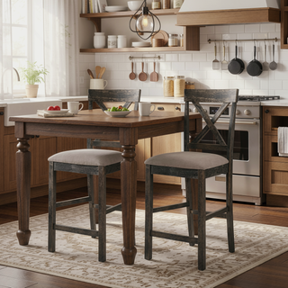 Sunvega Tan Linen Upholstered Counter Height Stools with Cross Back Design (Set of 2)