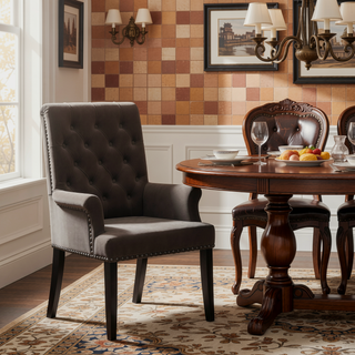 Sunvega Norwich Sand Upholstered Dining Arm Chair with Button-Tufted Back and Nailhead Trim
