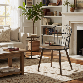 Sunvega Industrial Spindle-Back Dining Chair with Dark Walnut Wood Seat and Black Metal