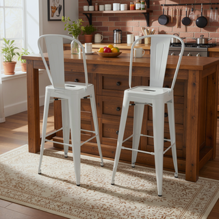 Sunvega Industrial White Metal Bar Stools with Curved Back and Footrest Set of 2