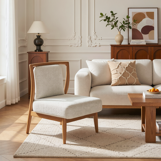 Sunvega Natural Light Brown Wood Dining Chairs with White Pepper Polyester Upholstery Set of 2